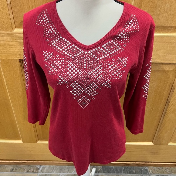 Reba brand 3/4 sleeve ribbed knot top with “bling” detail size L - Picture 1 of 8